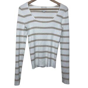 PINK ROSE | Women's Oatmeal & Tan Casual Fitted Striped Sweater | Size L